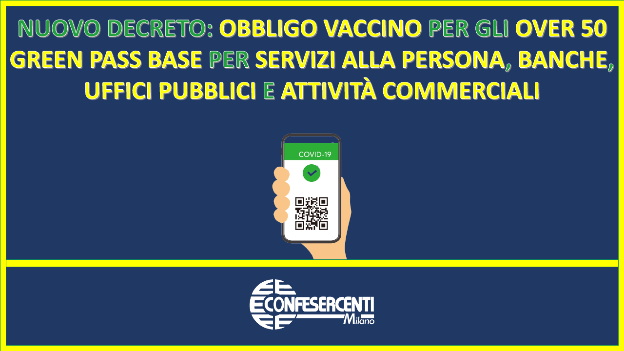 Nuovo Decreto: obbligo vaccino per Over 50, Green Pass Base per accesso ai servizi alla persona, banche, uffici pubblici e attività commerciali