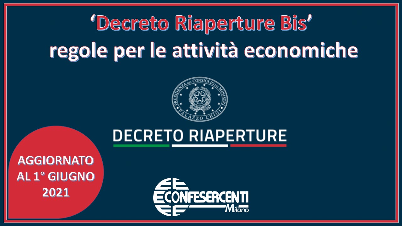 Decreto Riaperture Bis, regole in vigore per le attività economiche dal 1° Giugno 2021