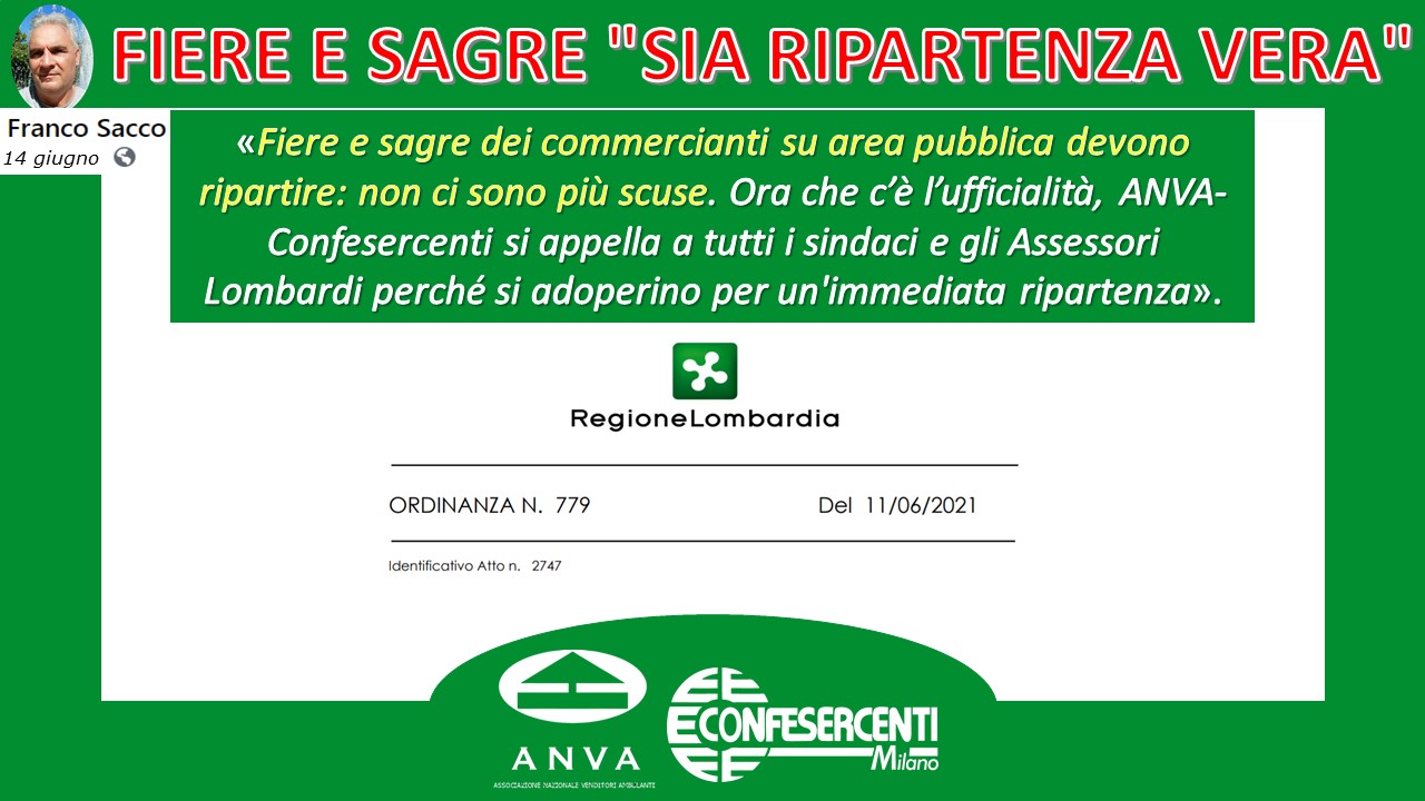 FIERE E SAGRE AMBULANTI IN LOMBARDIA: ANVA-CONFESERCENTI SI APPELLA AI SINDACI PER UNA VERA RIPARTENZA DOPO L’UFFICIALIZZAZIONE DEL VIA LIBERA DALLA REGIONE