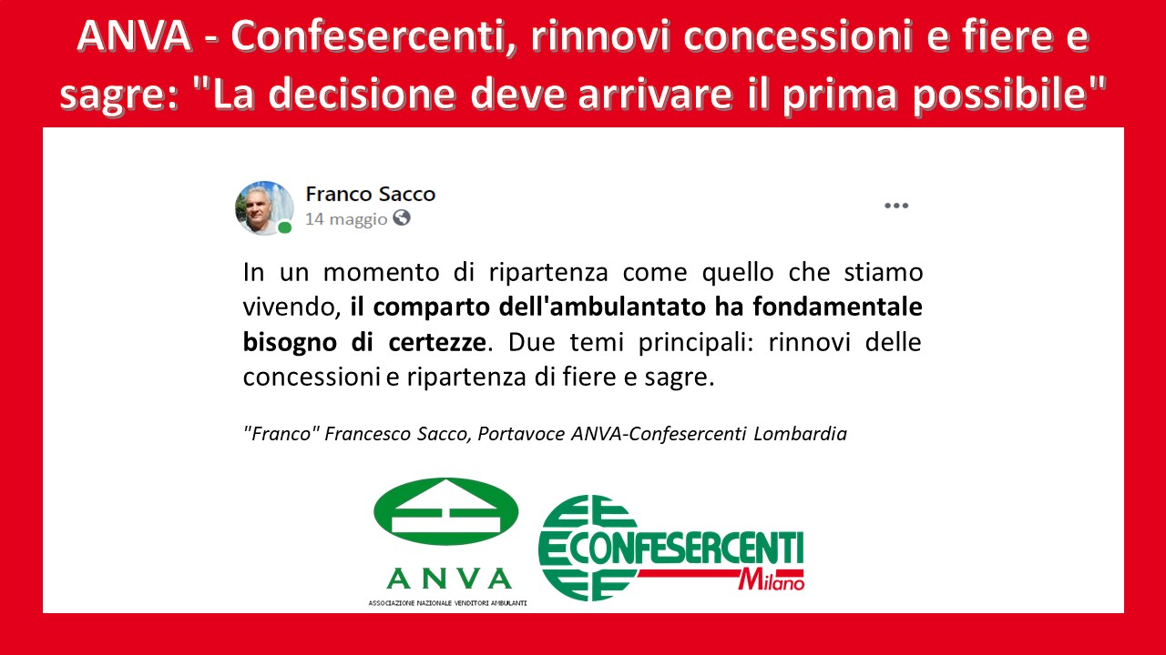 ANVA - Confesercenti, rinnovi concessioni e fiere: "La decisione deve arrivare il prima possibile"