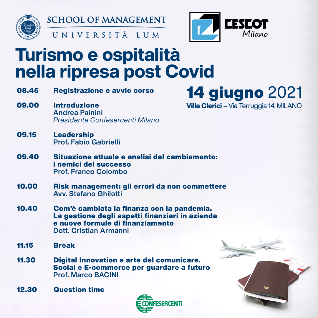 Incontro formativo Cescot Milano e Università Lum: "Turismo e ospitalità nella ripresa post Covid"